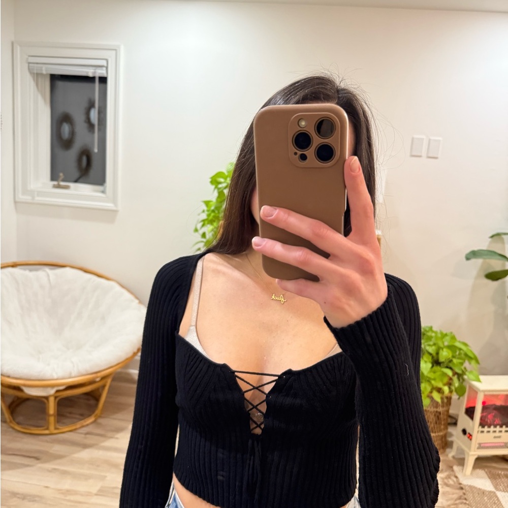 Black Lace-Up Ribbed Top